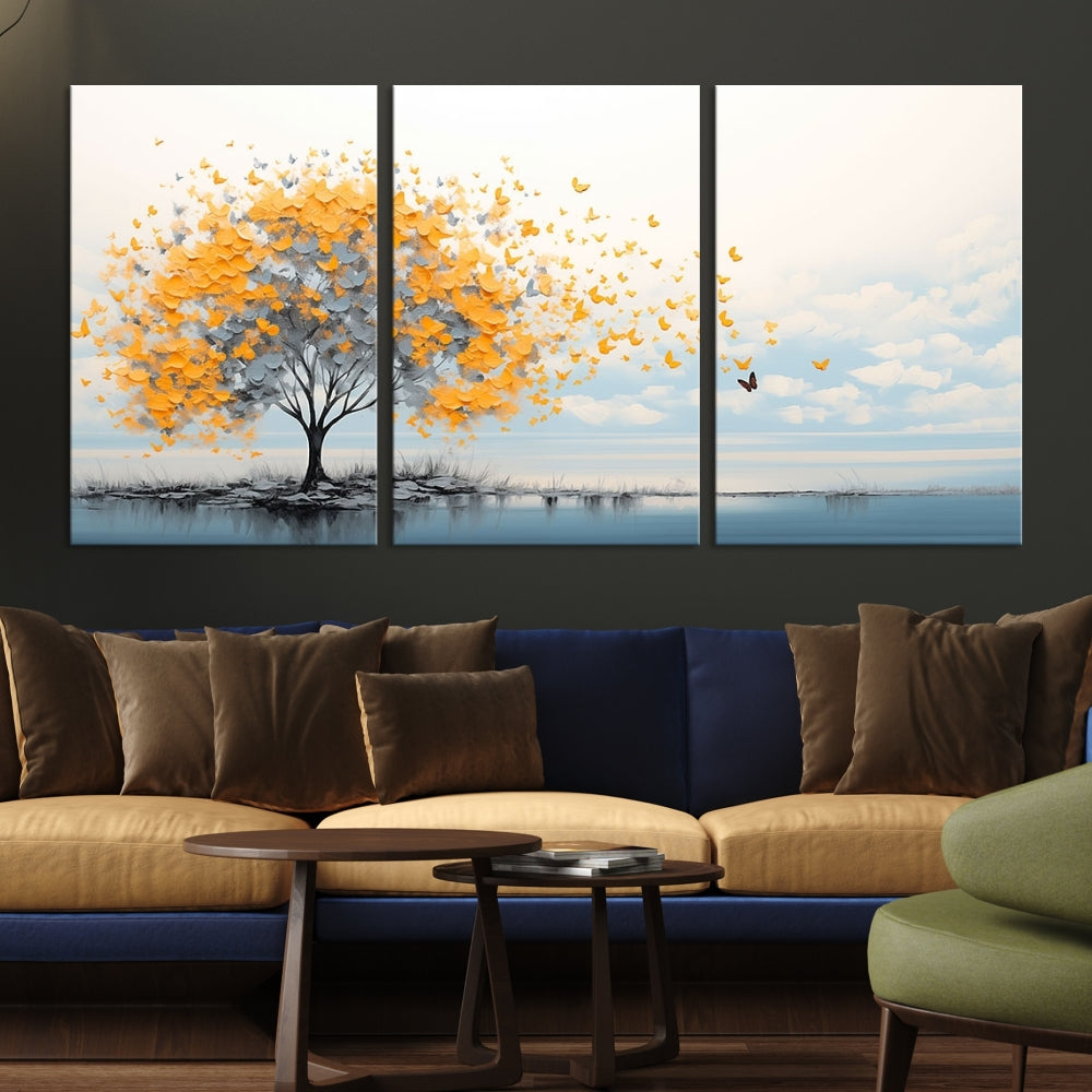 Yellow Autumn Tree Wall Art Canvas Print Nature Lake Watercolor Painting Framed Piece