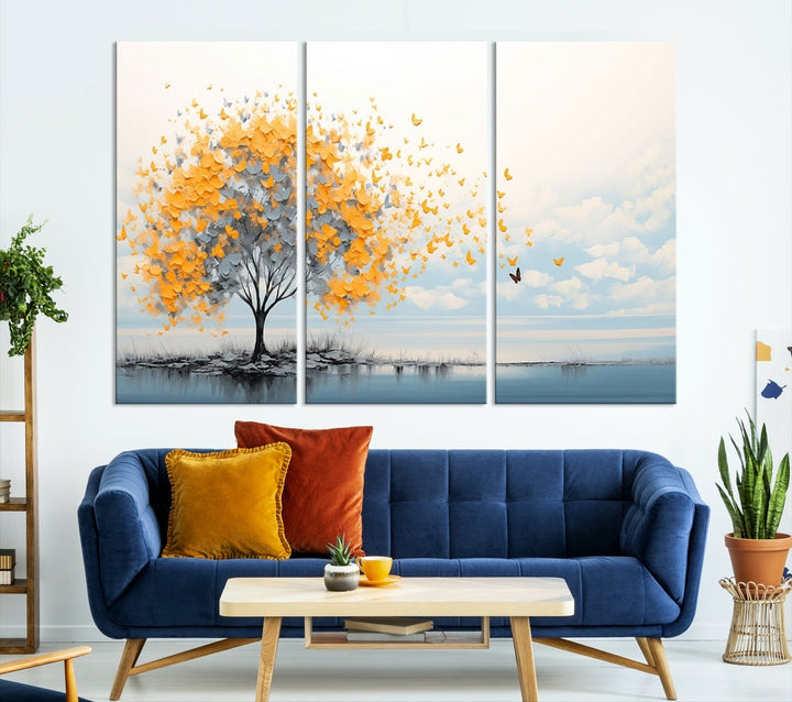 Yellow Autumn Tree Wall Art Canvas Print Nature Lake Watercolor Painting Framed Piece