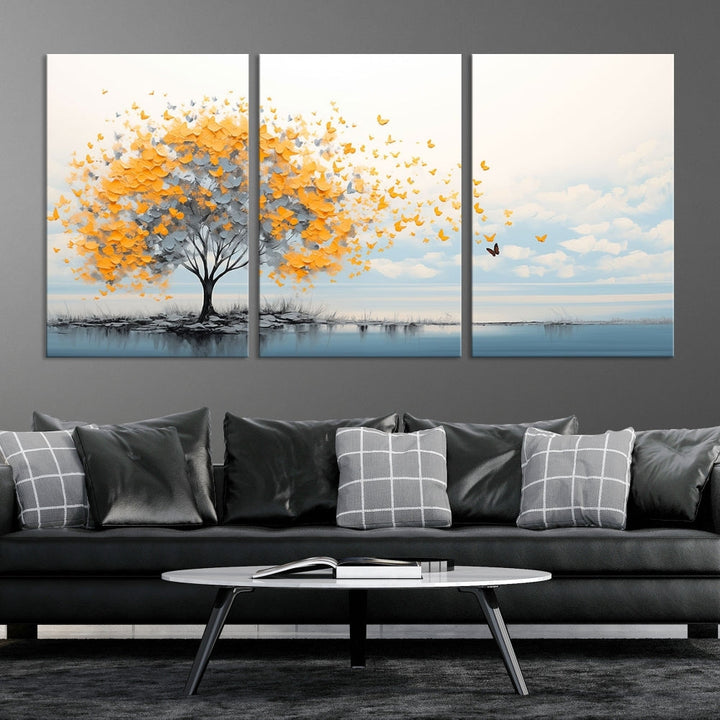 Yellow Autumn Tree Wall Art Canvas Print Nature Lake Watercolor Painting Framed Piece