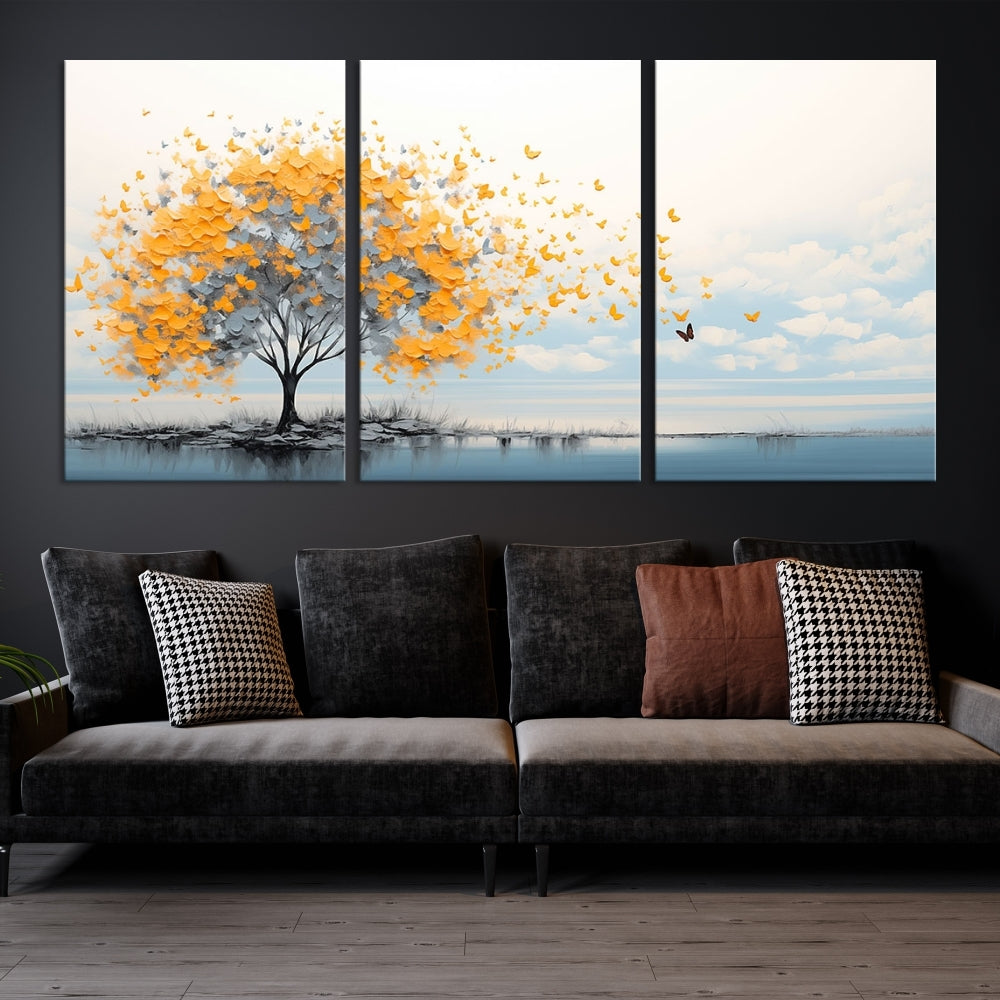 Yellow Autumn Tree Wall Art Canvas Print Nature Lake Watercolor Painting Framed Piece