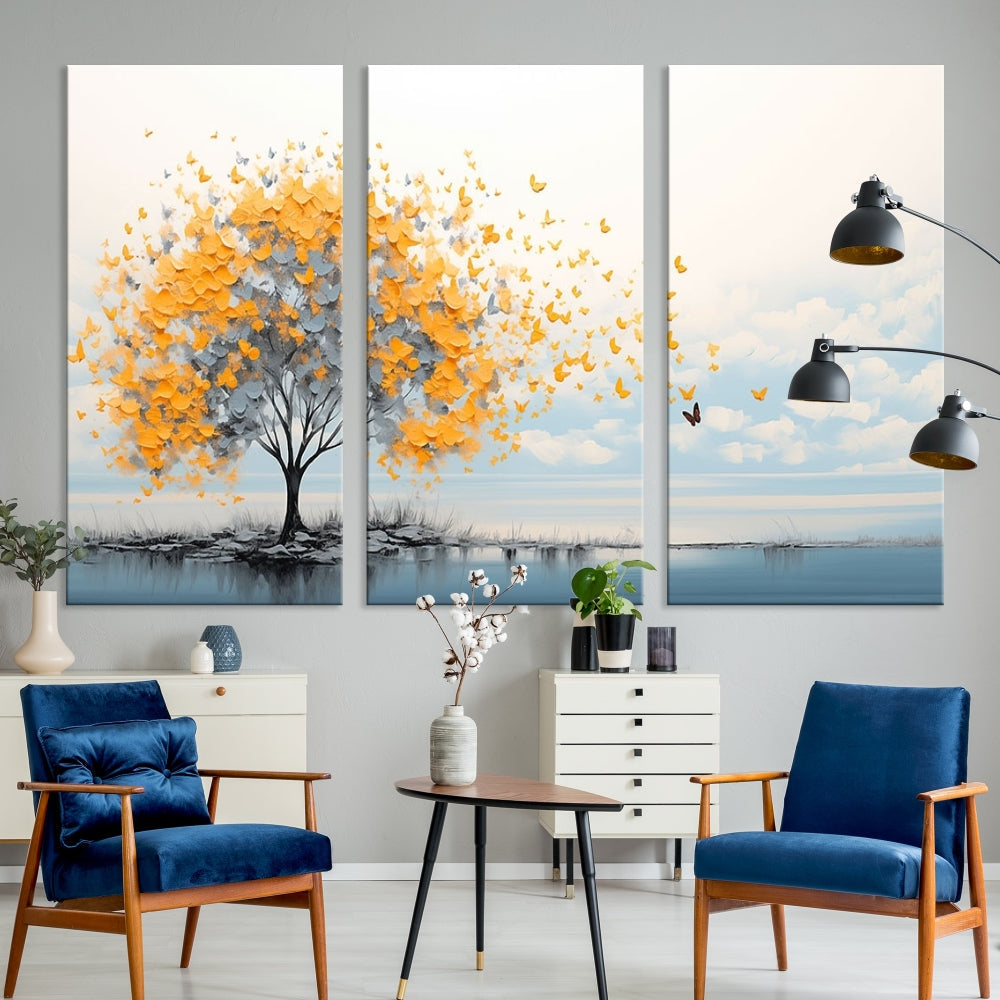 Yellow Autumn Tree Wall Art Canvas Print Nature Lake Watercolor Painting Framed Piece