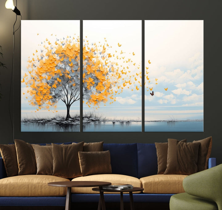 Yellow Autumn Tree Wall Art Canvas Print Nature Lake Watercolor Painting Framed Piece