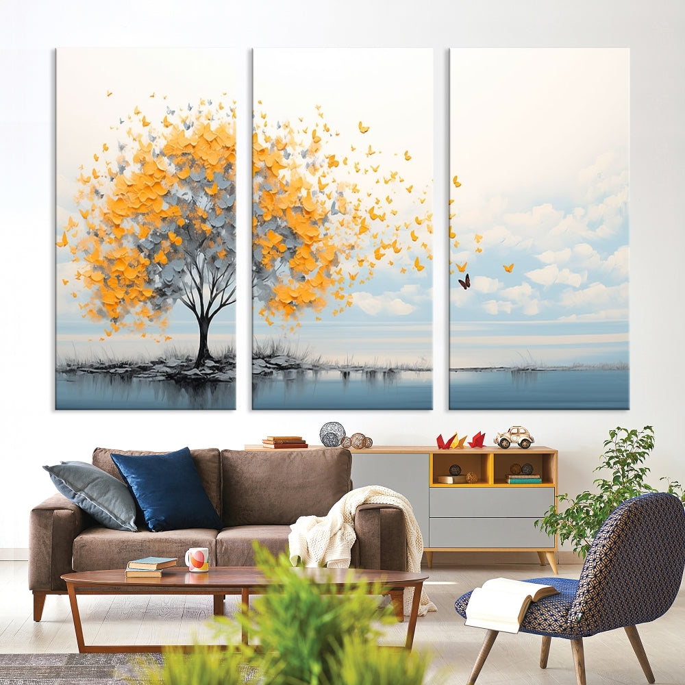 Yellow Autumn Tree Wall Art Canvas Print Nature Lake Watercolor Painting Framed Piece