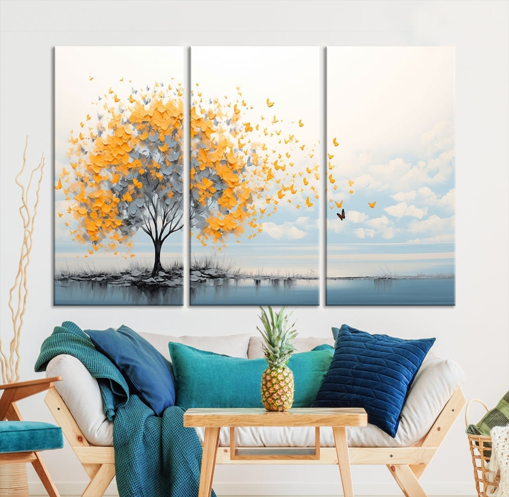 Yellow Autumn Tree Wall Art Canvas Print Nature Lake Watercolor Painting Framed Piece