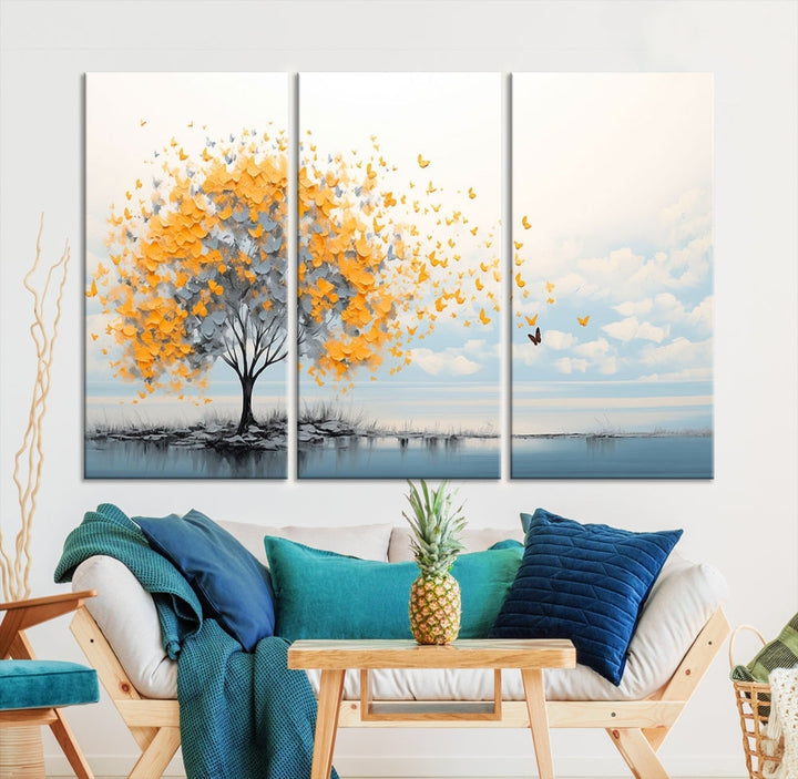 Yellow Autumn Tree Wall Art Canvas Print Nature Lake Watercolor Painting Framed Piece