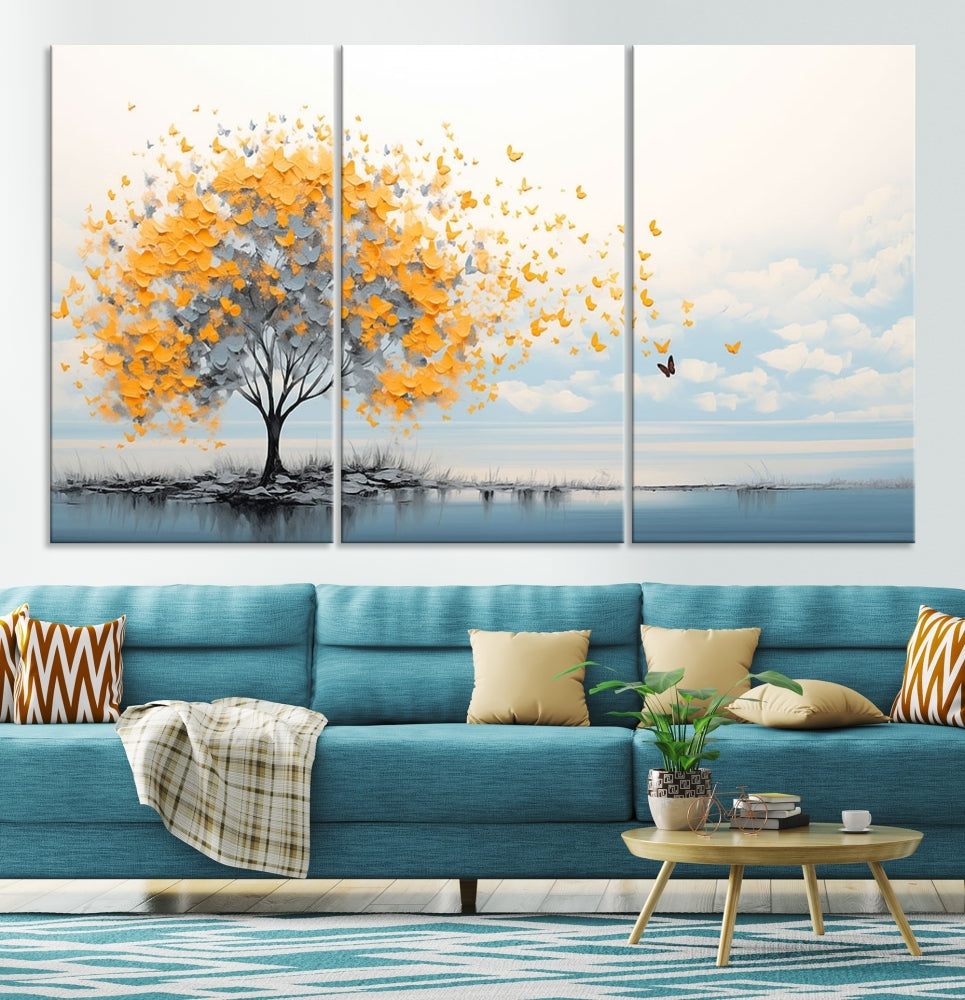 Yellow Autumn Tree Wall Art Canvas Print Nature Lake Watercolor Painting Framed Piece