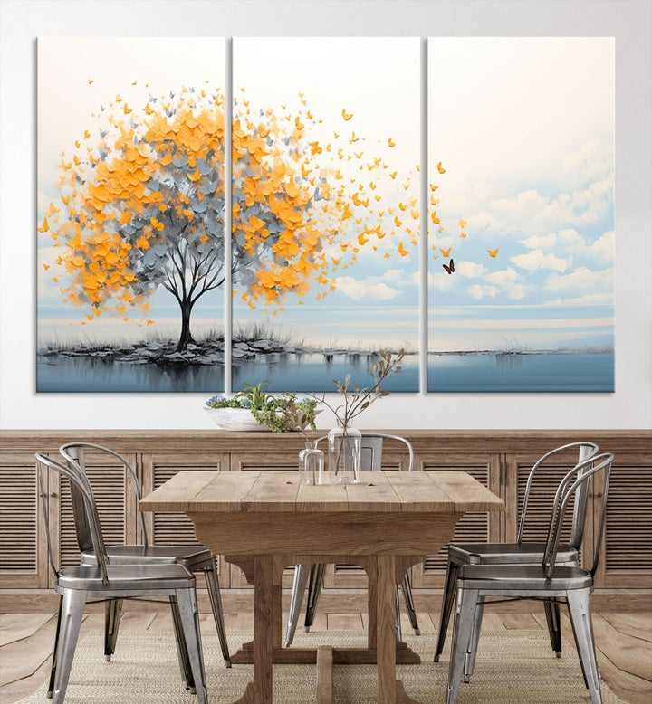 Yellow Autumn Tree Wall Art Canvas Print Nature Lake Watercolor Painting Framed Piece