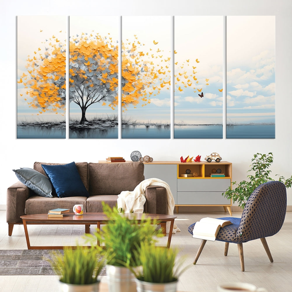 Yellow Autumn Tree Wall Art Canvas Print Nature Lake Watercolor Painting Framed Piece