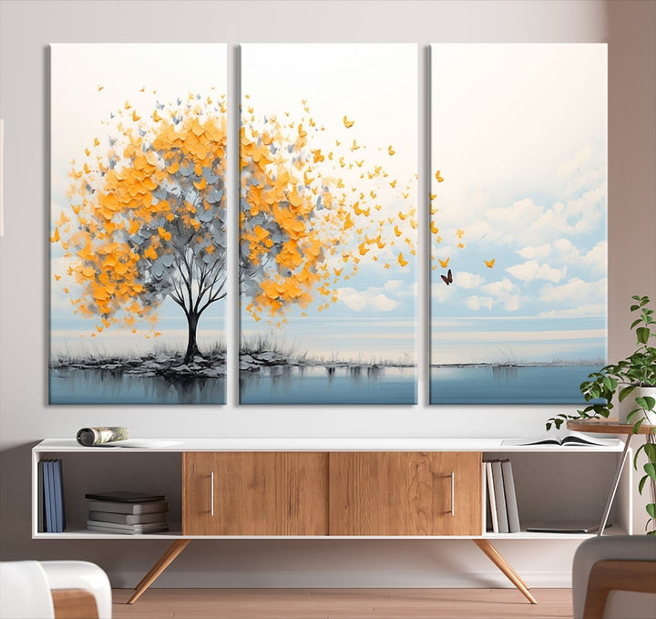 Yellow Autumn Tree Wall Art Canvas Print Nature Lake Watercolor Painting Framed Piece