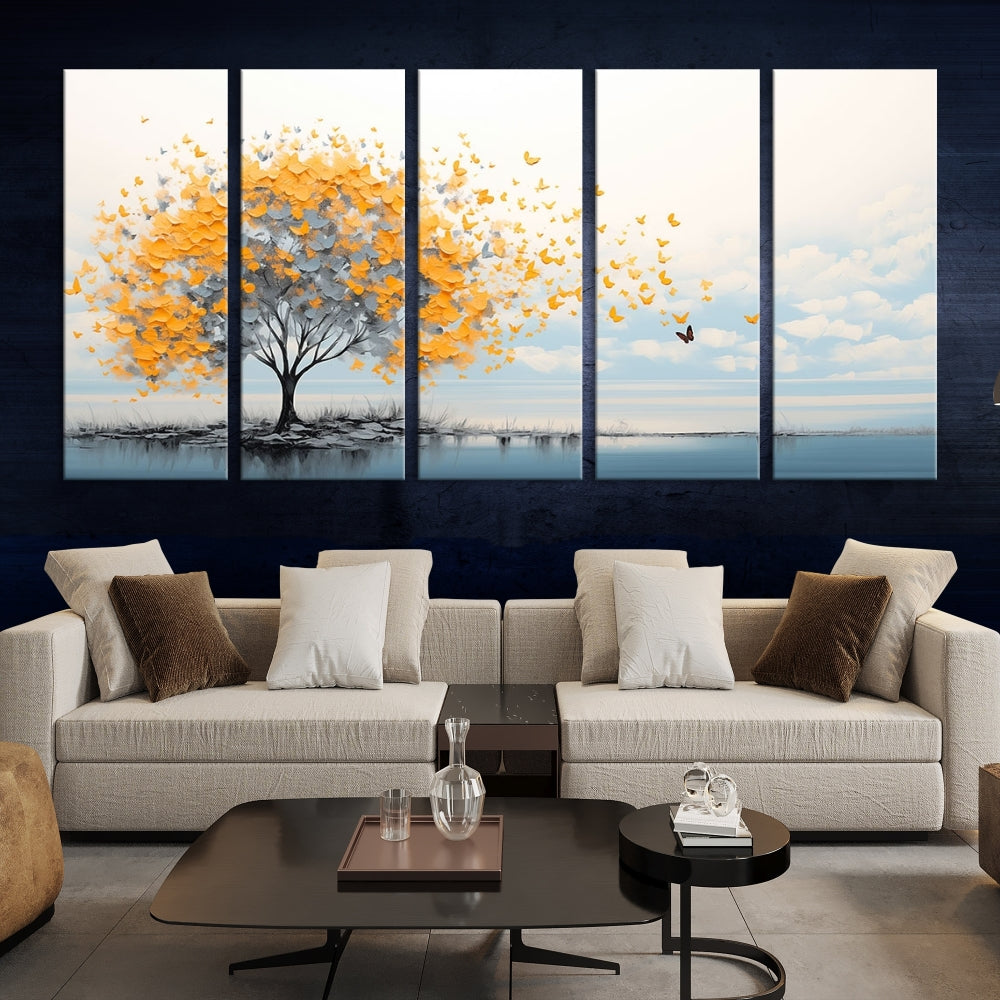 Yellow Autumn Tree Wall Art Canvas Print Nature Lake Watercolor Painting Framed Piece