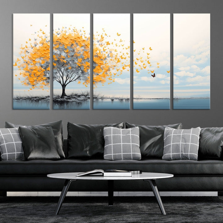 Yellow Autumn Tree Wall Art Canvas Print Nature Lake Watercolor Painting Framed Piece