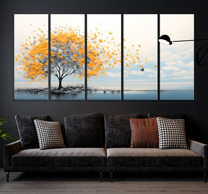 Yellow Autumn Tree Wall Art Canvas Print Nature Lake Watercolor Painting Framed Piece