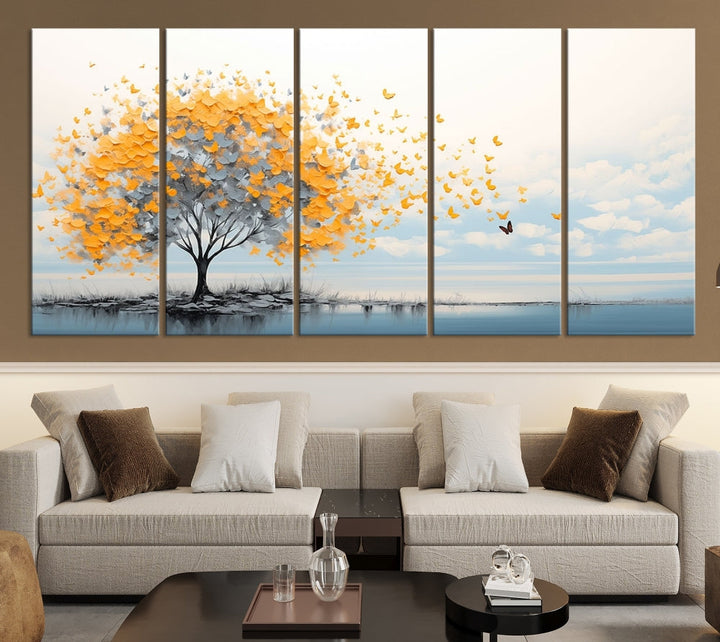 Yellow Autumn Tree Wall Art Canvas Print Nature Lake Watercolor Painting Framed Piece