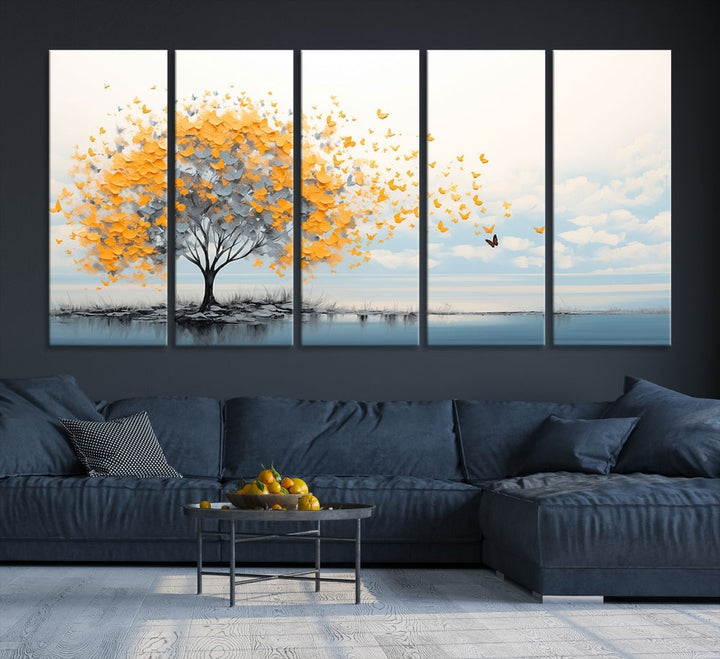 Yellow Autumn Tree Wall Art Canvas Print Nature Lake Watercolor Painting Framed Piece