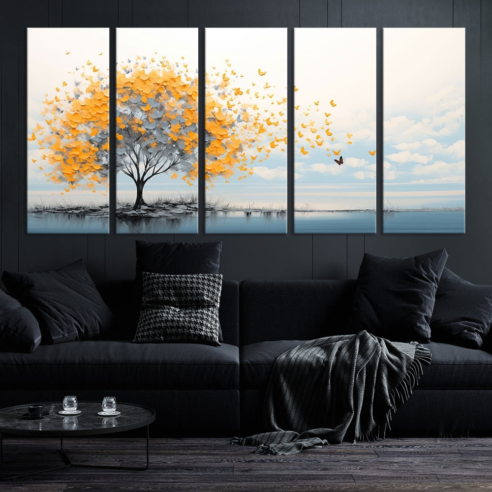 Yellow Autumn Tree Wall Art Canvas Print Nature Lake Watercolor Painting Framed Piece