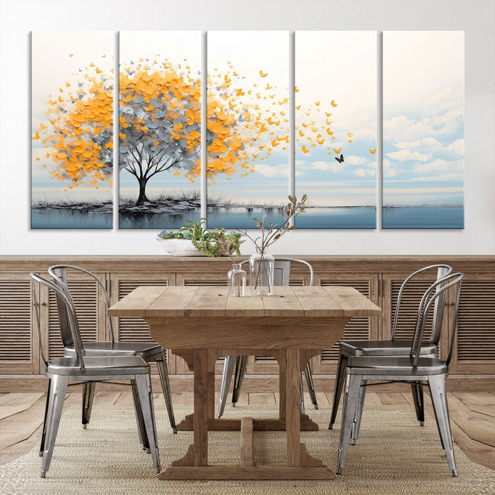 Yellow Autumn Tree Wall Art Canvas Print Nature Lake Watercolor Painting Framed Piece