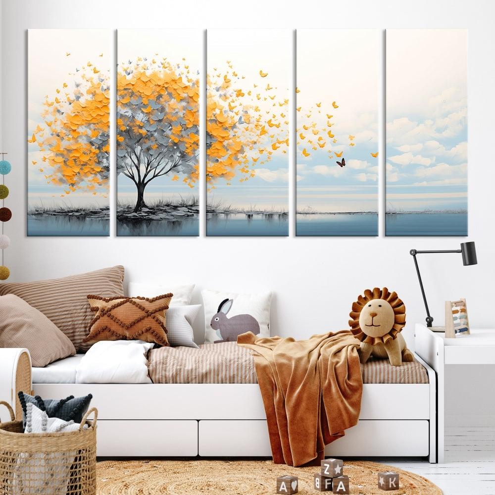 Yellow Autumn Tree Wall Art Canvas Print Nature Lake Watercolor Painting Framed Piece