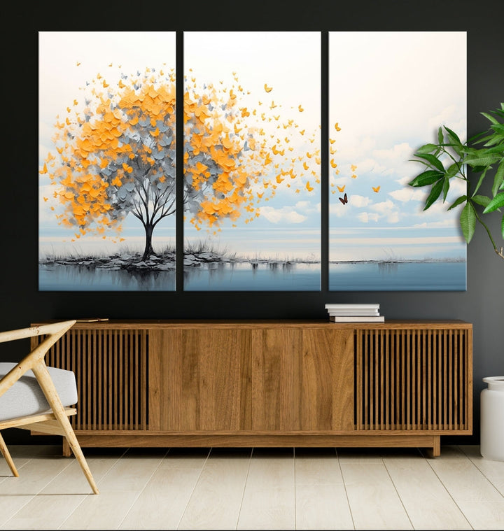 Yellow Autumn Tree Wall Art Canvas Print Nature Lake Watercolor Painting Framed Piece