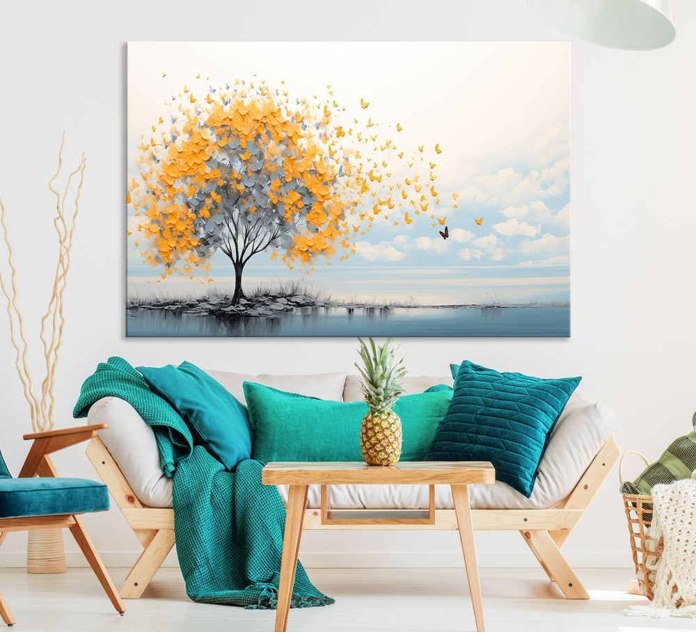 Yellow Autumn Tree Wall Art Canvas Print Nature Lake Watercolor Painting Framed Piece