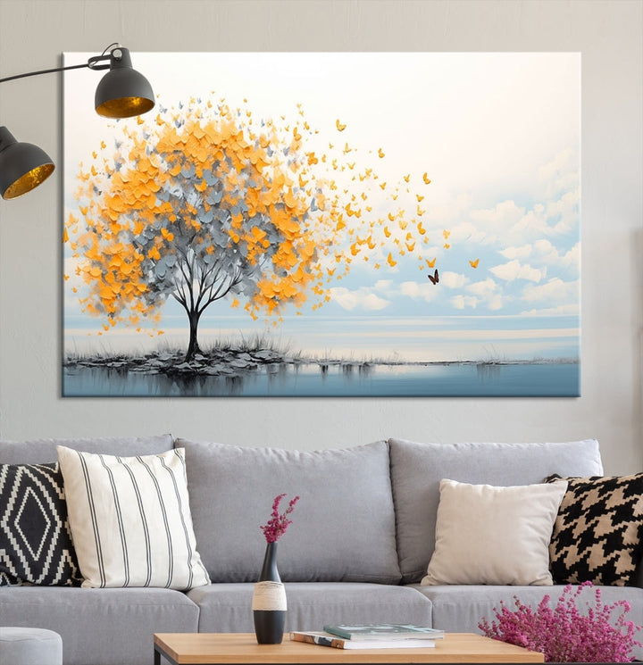 Yellow Autumn Tree Wall Art Canvas Print Nature Lake Watercolor Painting Framed Piece