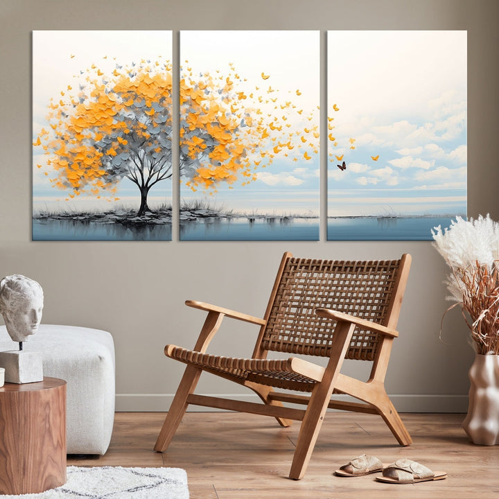 Yellow Autumn Tree Wall Art Canvas Print Nature Lake Watercolor Painting Framed Piece