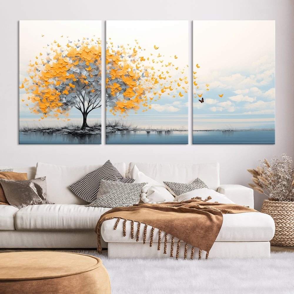 Yellow Autumn Tree Wall Art Canvas Print Nature Lake Watercolor Painting Framed Piece