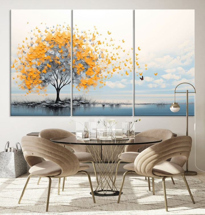 Yellow Autumn Tree Wall Art Canvas Print Nature Lake Watercolor Painting Framed Piece