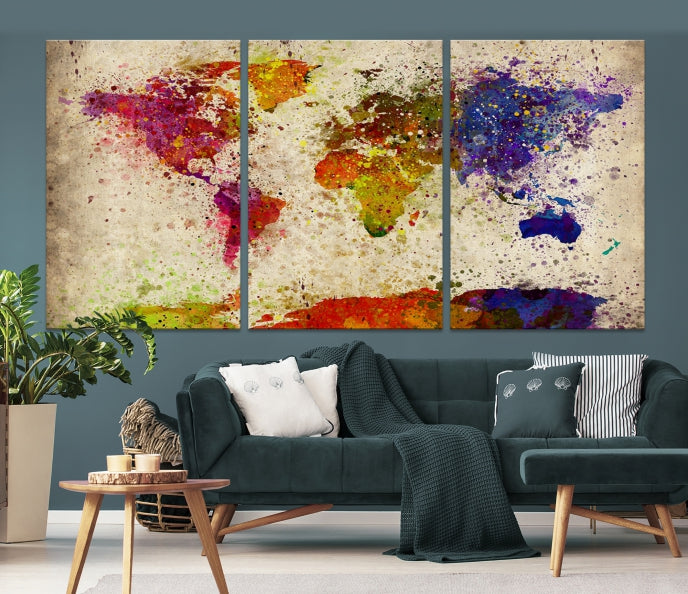 Yellow Red Purple Paint Splash Modern WORLD MAP Canvas Print Large Wall Art