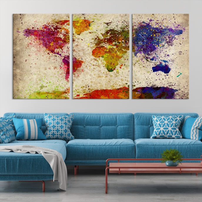 Yellow Red Purple Paint Splash Modern WORLD MAP Canvas Print Large Wall Art