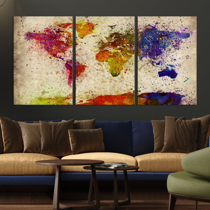 Yellow Red Purple Paint Splash Modern WORLD MAP Canvas Print Large Wall Art