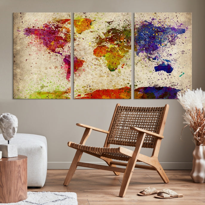 Yellow Red Purple Paint Splash Modern WORLD MAP Canvas Print Large Wall Art