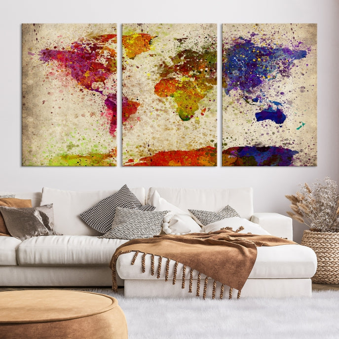 Yellow Red Purple Paint Splash Modern WORLD MAP Canvas Print Large Wall Art