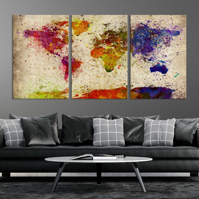 Yellow Red Purple Paint Splash Modern WORLD MAP Canvas Print Large Wall Art