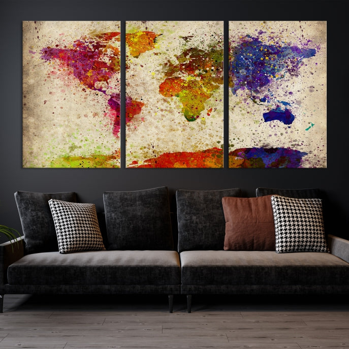 Yellow Red Purple Paint Splash Modern WORLD MAP Canvas Print Large Wall Art