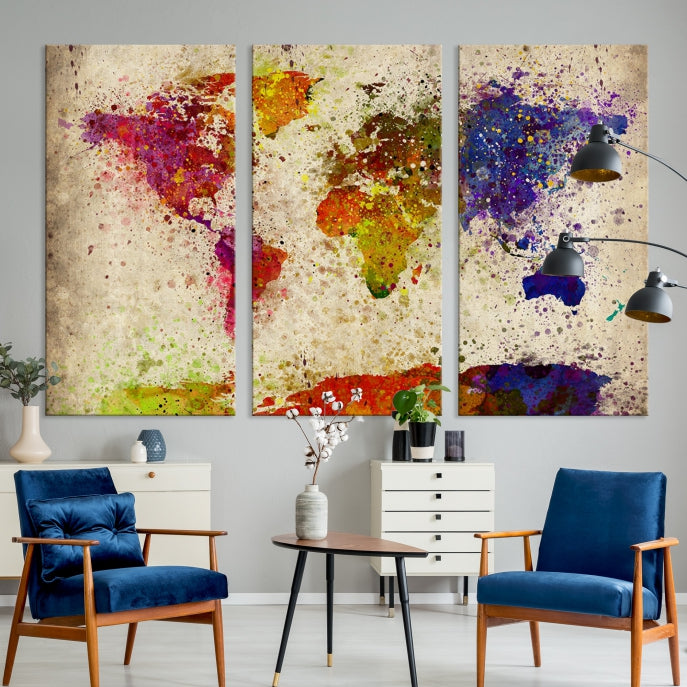 Yellow Red Purple Paint Splash Modern WORLD MAP Canvas Print Large Wall Art