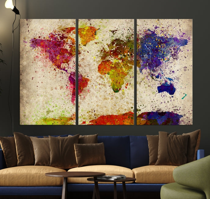 Yellow Red Purple Paint Splash Modern WORLD MAP Canvas Print Large Wall Art