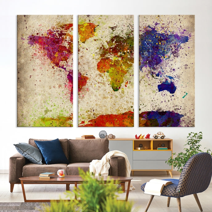 Yellow Red Purple Paint Splash Modern WORLD MAP Canvas Print Large Wall Art