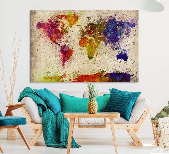 Yellow Red Purple Paint Splash Modern WORLD MAP Canvas Print Large Wall Art