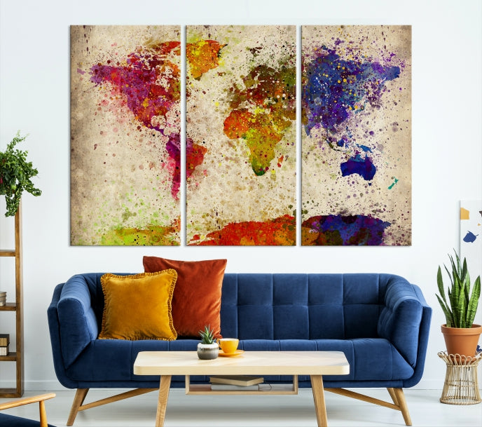 Yellow Red Purple Paint Splash Modern WORLD MAP Canvas Print Large Wall Art