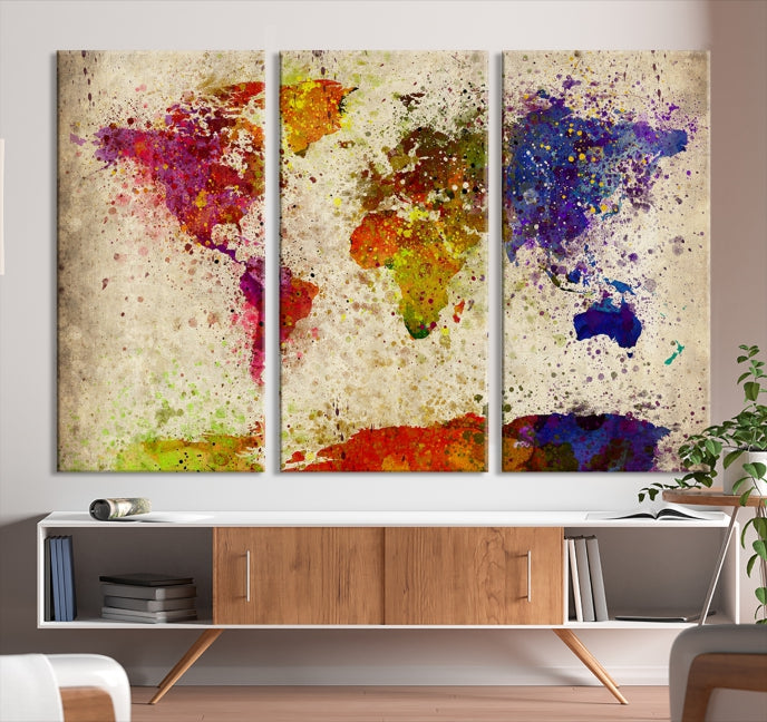 Yellow Red Purple Paint Splash Modern WORLD MAP Canvas Print Large Wall Art