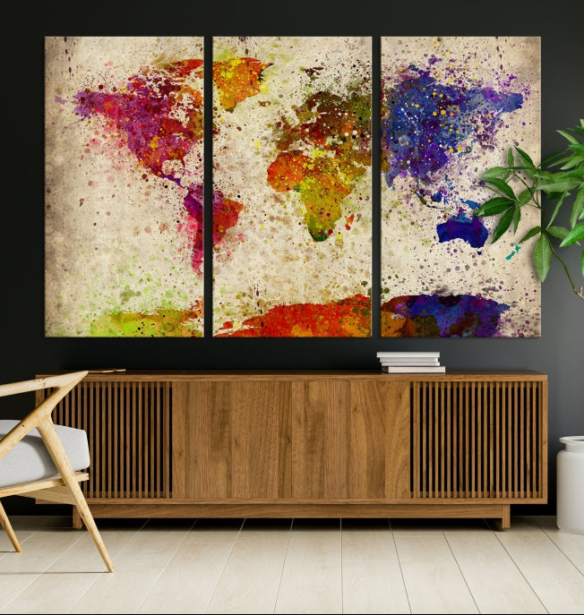 Yellow Red Purple Paint Splash Modern WORLD MAP Canvas Print Large Wall Art