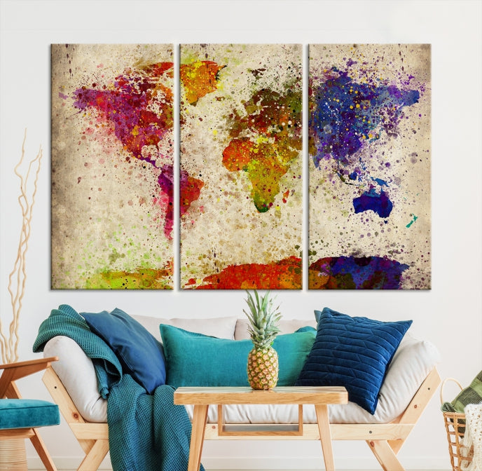 Yellow Red Purple Paint Splash Modern WORLD MAP Canvas Print Large Wall Art