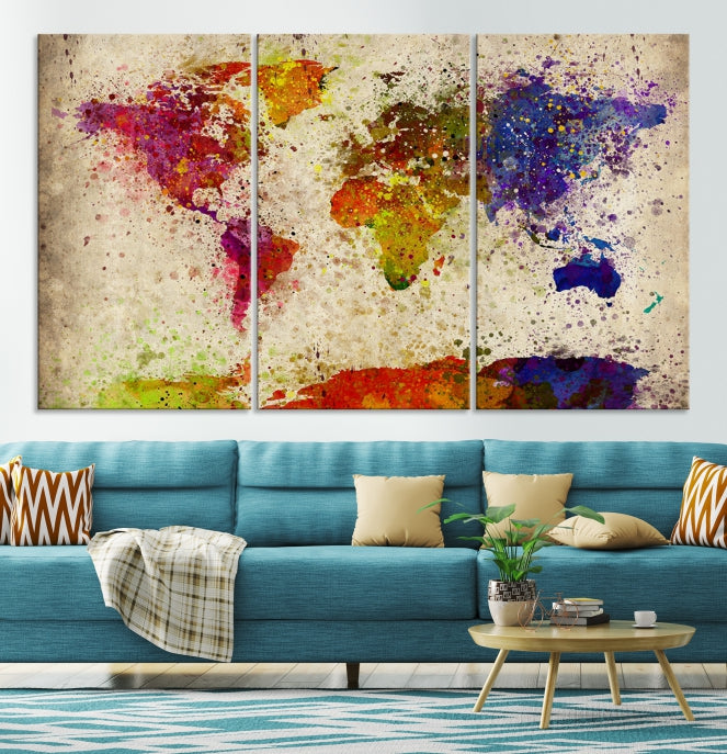 Yellow Red Purple Paint Splash Modern WORLD MAP Canvas Print Large Wall Art