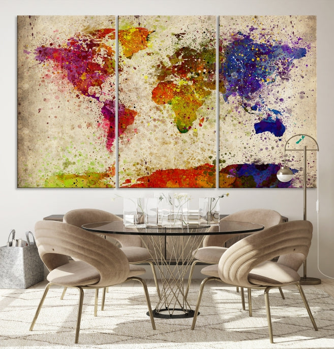 Yellow Red Purple Paint Splash Modern WORLD MAP Canvas Print Large Wall Art