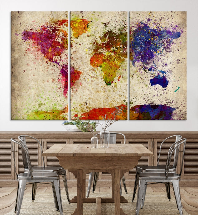 Yellow Red Purple Paint Splash Modern WORLD MAP Canvas Print Large Wall Art