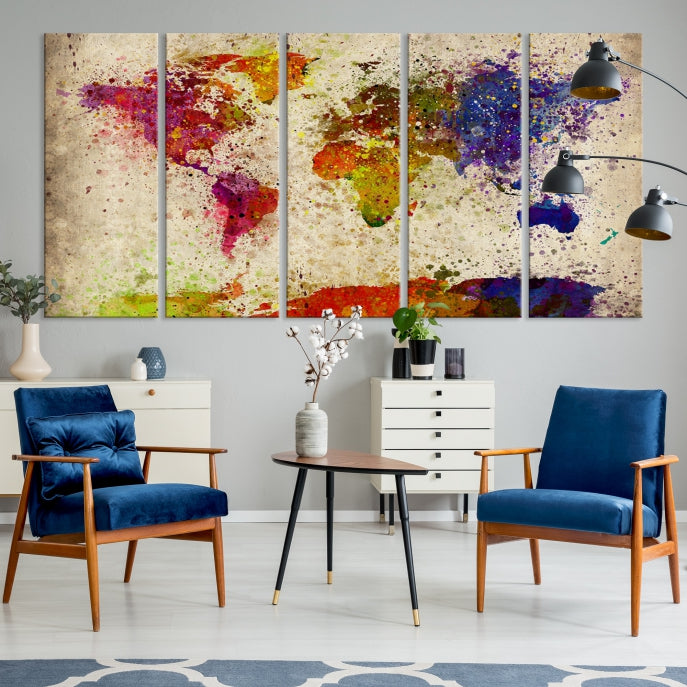 Yellow Red Purple Paint Splash Modern WORLD MAP Canvas Print Large Wall Art