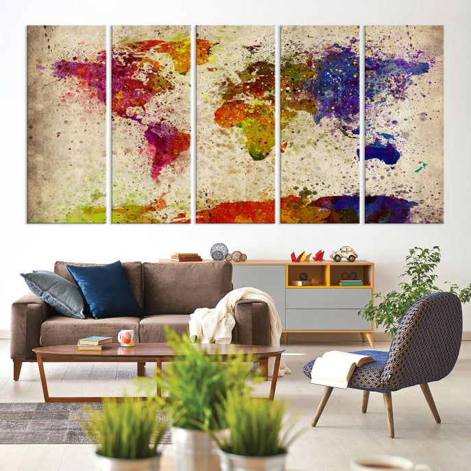 Yellow Red Purple Paint Splash Modern WORLD MAP Canvas Print Large Wall Art