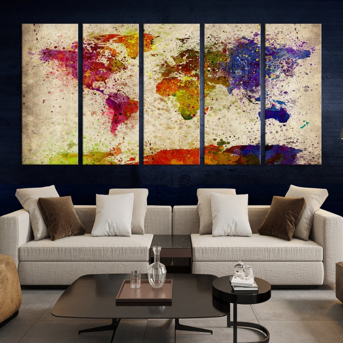 Yellow Red Purple Paint Splash Modern WORLD MAP Canvas Print Large Wall Art