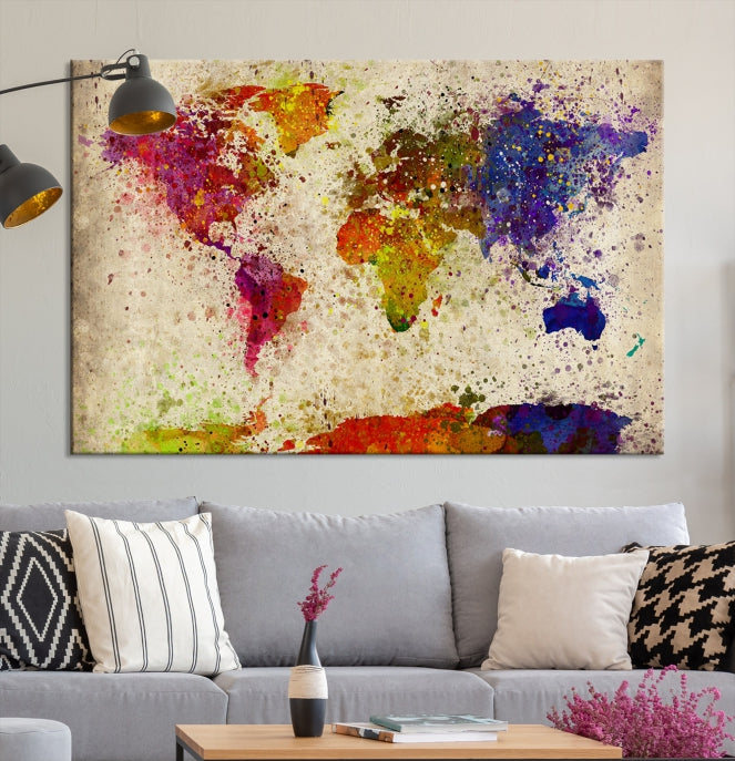 Yellow Red Purple Paint Splash Modern WORLD MAP Canvas Print Large Wall Art