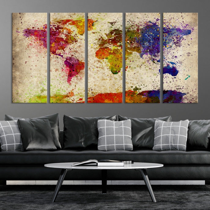 Yellow Red Purple Paint Splash Modern WORLD MAP Canvas Print Large Wall Art